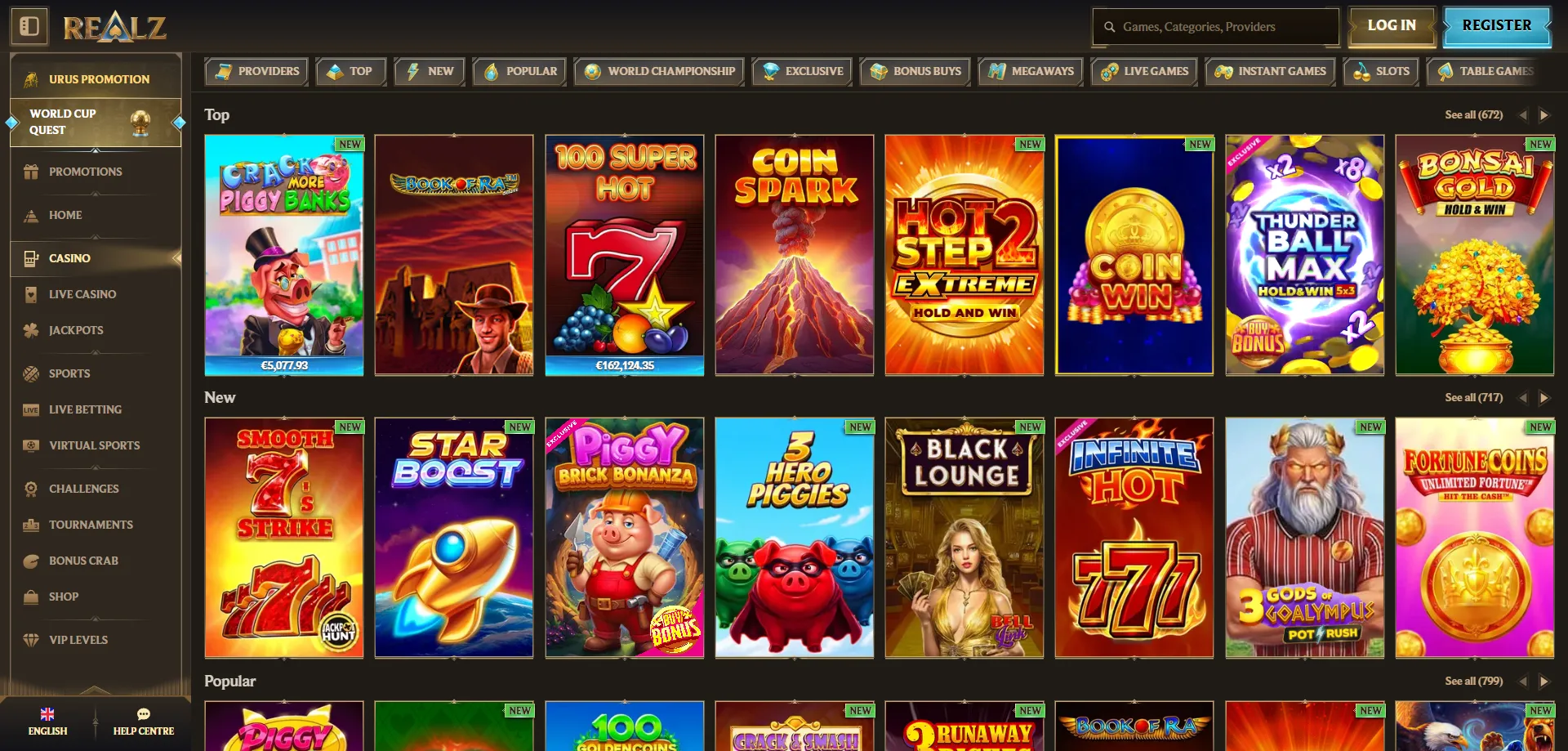 Libreria giochi Realz Casino slot jackpot live casino tavoli