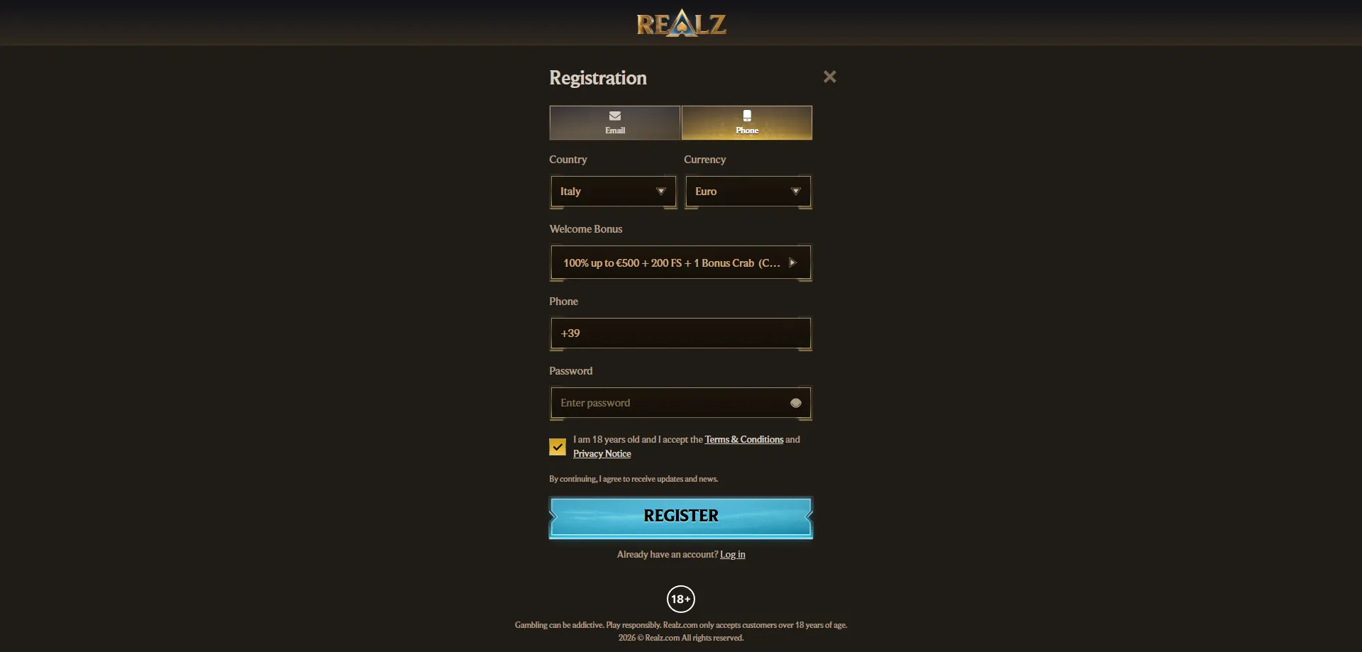 Registrazione Realz Casino Italia crea account login rapido